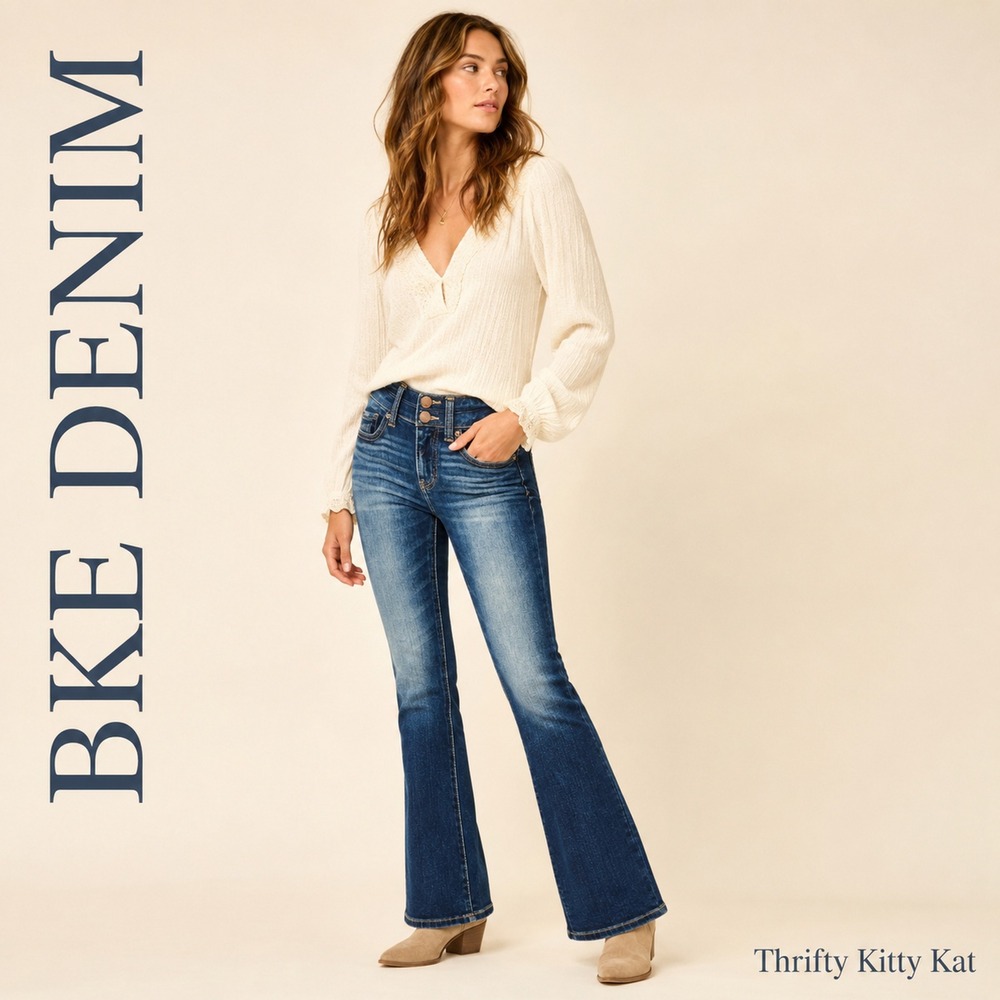 BKE Stella Mid Rise Slim Fit Bootcut Jeans Distressed Dark Wash Y2K 25x31.5